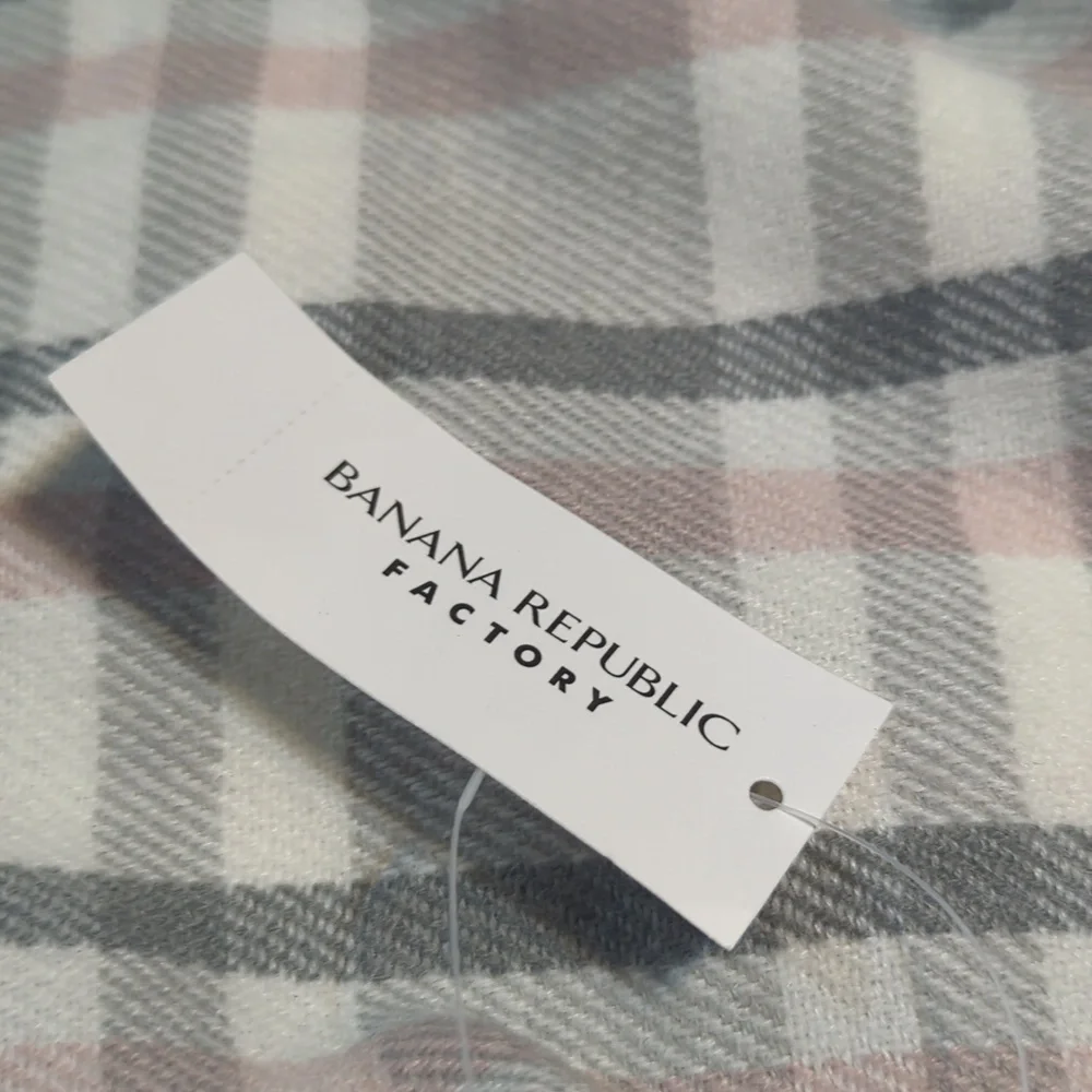 Banana Republic Factory Tartan Gray, White and Pink Plaid Fringe Scarf